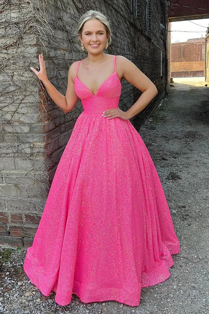 dressimeSequins Spaghetti Straps A-Line Long Prom Dresses 