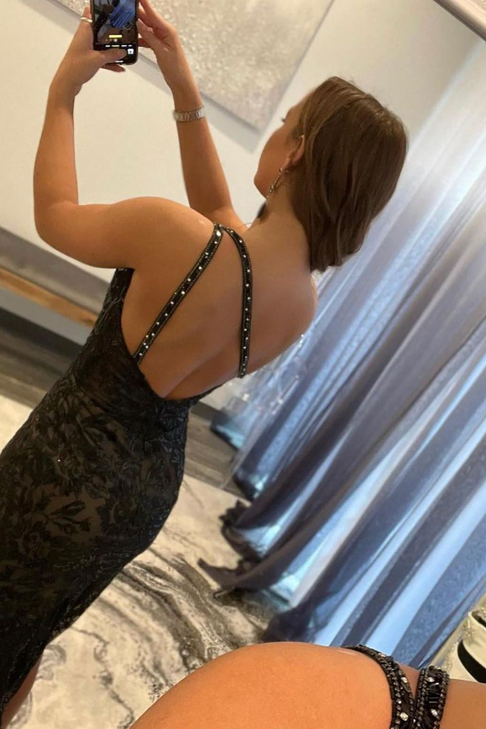 dressimeSexy Black Lace  Prom Dresses One Shoulder Mermaid Zipper Up 
