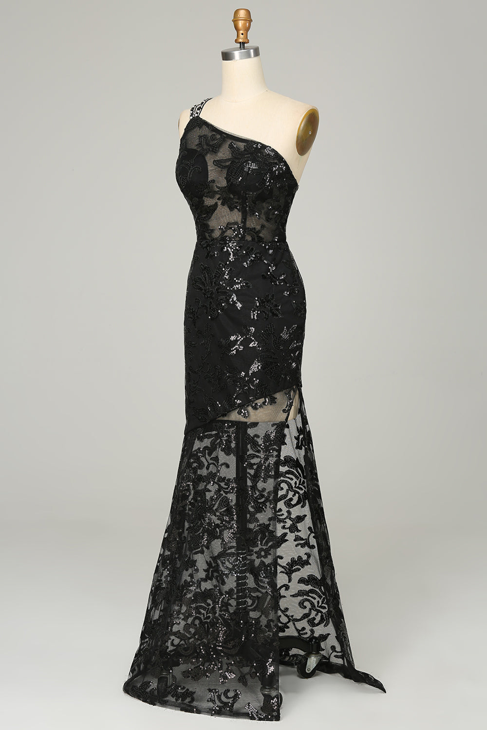 dressimeSexy Black Lace  Prom Dresses One Shoulder Mermaid Zipper Up 