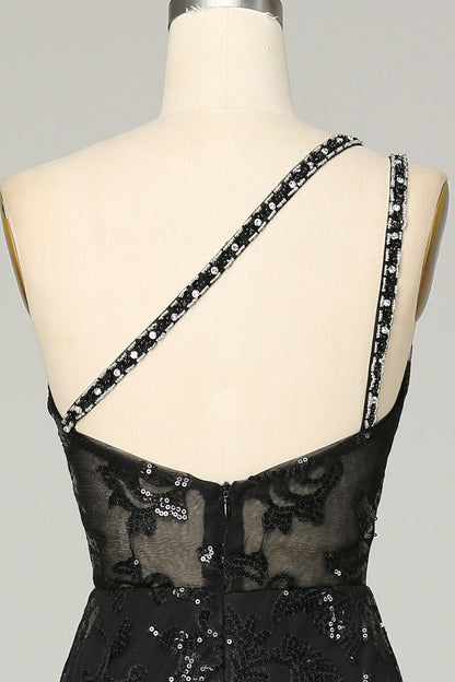 dressimeSexy Black Lace  Prom Dresses One Shoulder Mermaid Zipper Up 