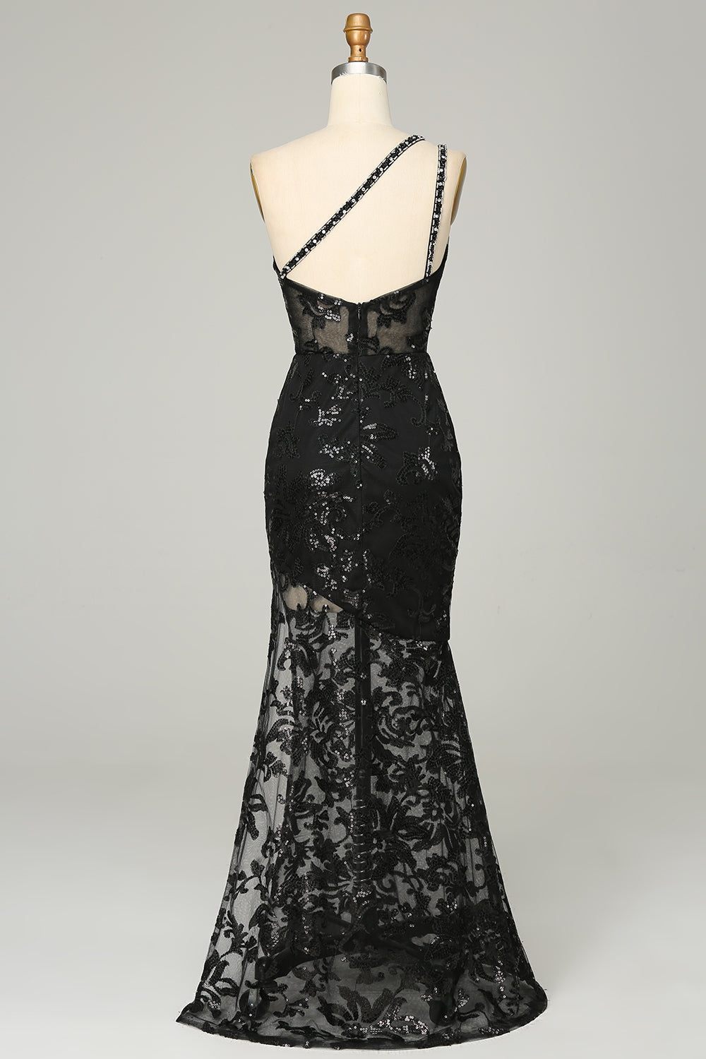 dressimeSexy Black Lace  Prom Dresses One Shoulder Mermaid Zipper Up 