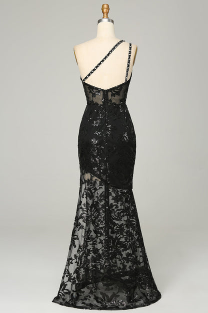 dressimeSexy Black Lace  Prom Dresses One Shoulder Mermaid Zipper Up 