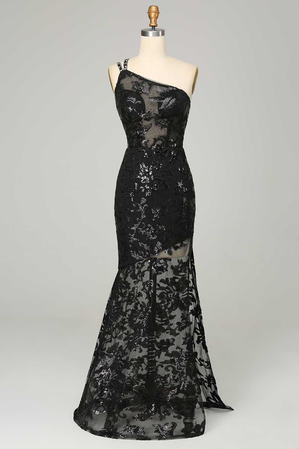 dressimeSexy Black Lace  Prom Dresses One Shoulder Mermaid Zipper Up 