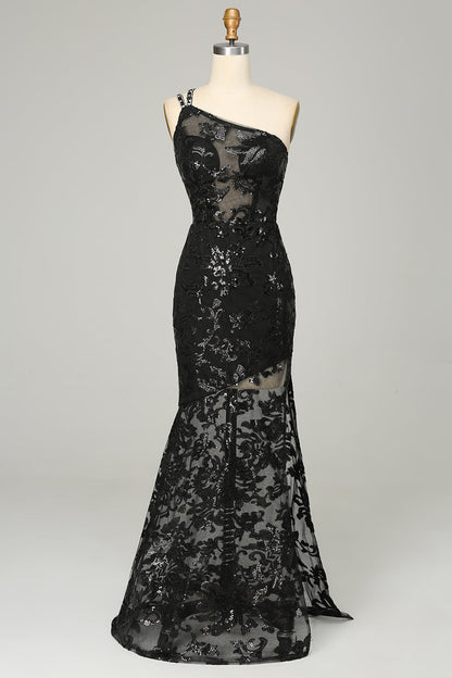 dressimeSexy Black Lace  Prom Dresses One Shoulder Mermaid Zipper Up 