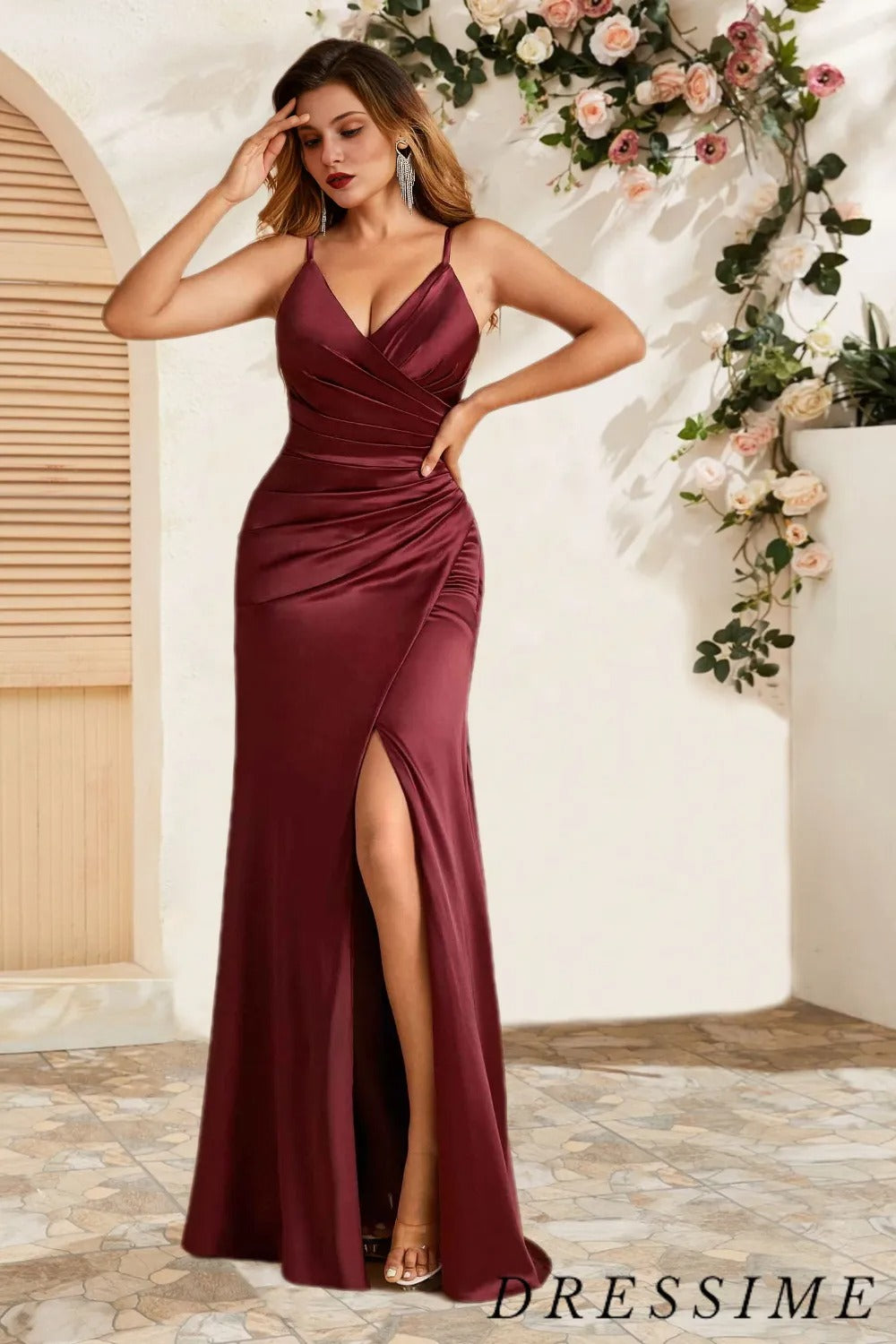 Dressime Sexy Sheath Spaghetti Straps Satin Long Bridesmaid Dress With Slit dressime