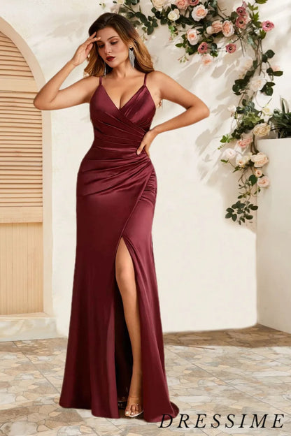Dressime Sexy Sheath Spaghetti Straps Satin Long Bridesmaid Dress With Slit dressime