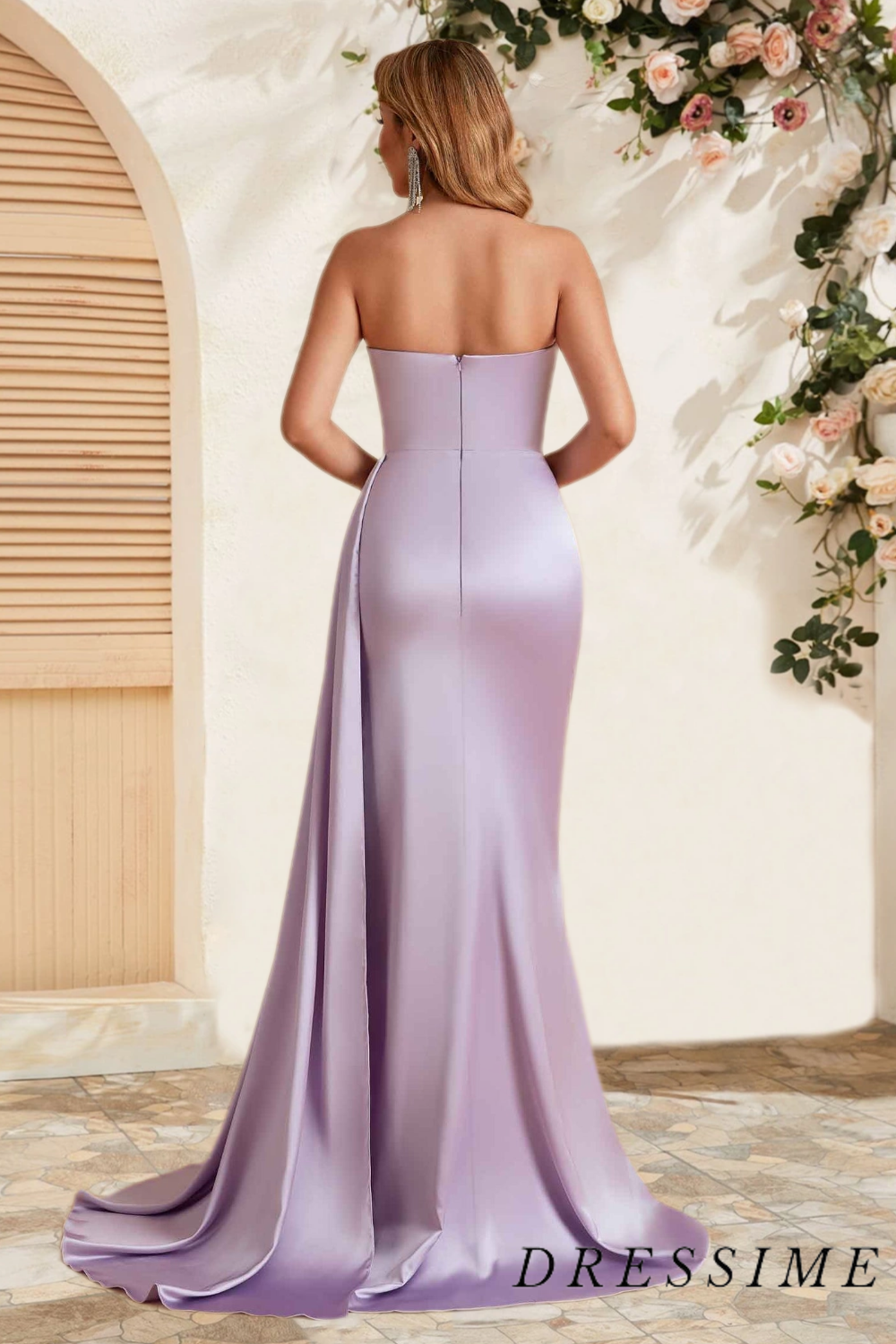 Dressime Sexy Sheath Strapless Satin Slit Long Bridesmaid Dress With Train dressime