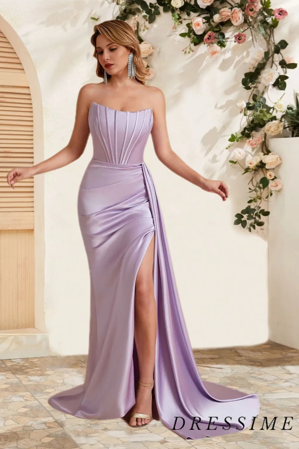 Dressime Sexy Sheath Strapless Satin Slit Long Bridesmaid Dress With Train dressime