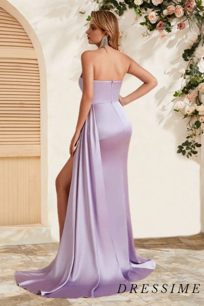 Dressime Sexy Sheath Strapless Satin Slit Long Bridesmaid Dress With Train dressime