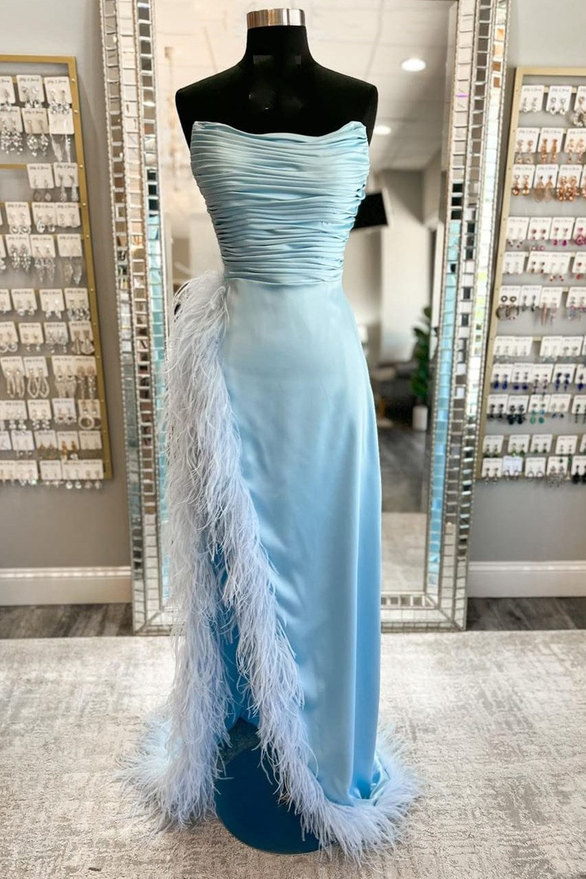 dressimeSheath Feather Strapless Ruching Long Prom Dress with Slit 