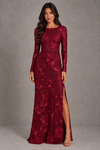 Dressime Sheath Scoop Neck Floral Embroidery Long Sleeves Maxi Wedding Guest Dresses