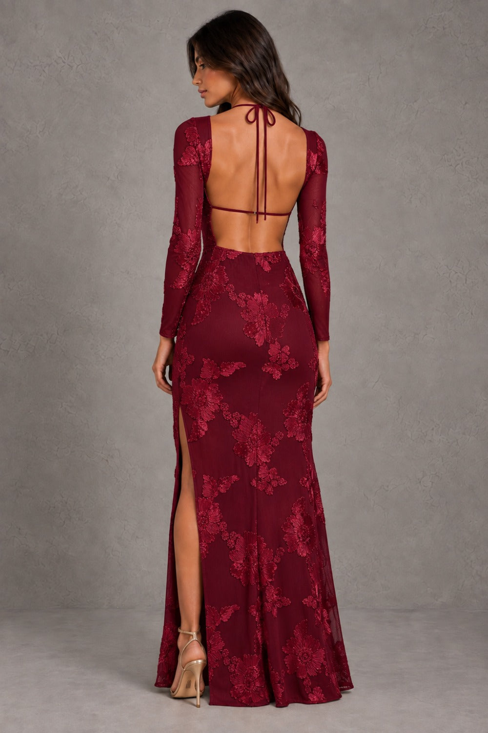 Dressime Sheath Scoop Neck Floral Embroidery Long Sleeves Maxi Wedding Guest Dresses