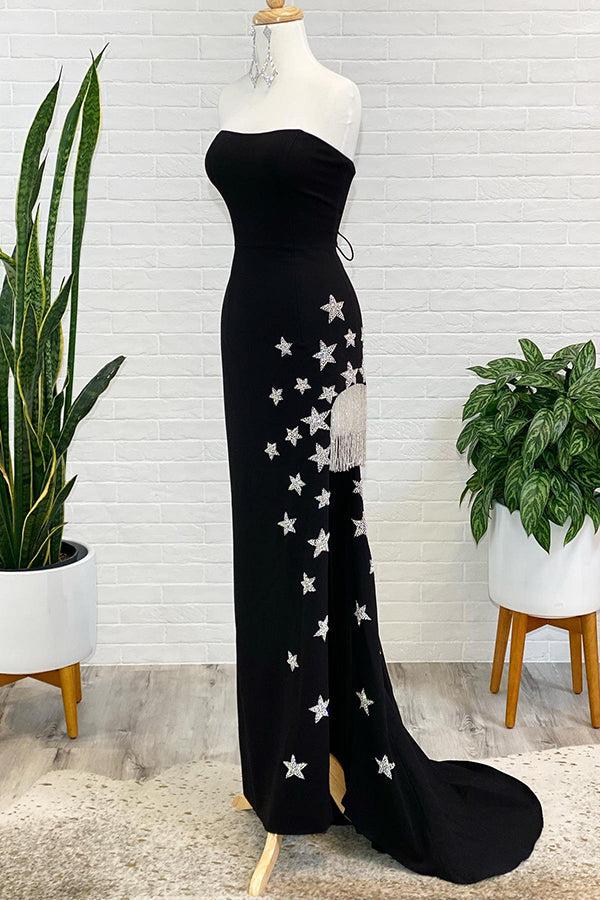 Dressime Women Black Prom Dress Sheath Strapless Slit Long Party Dress with Stars and Fringes dressime Dressime Women Black Prom Dress Sheath Strapless Slit Long Party Dress with Stars and Fringes dressime