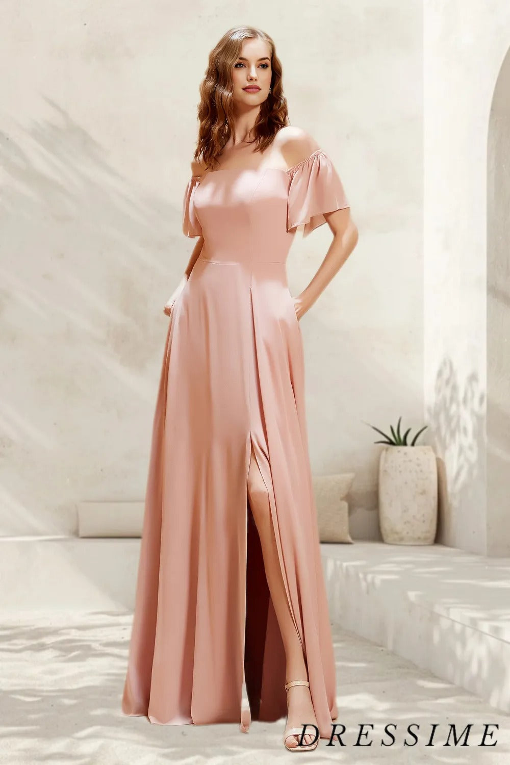 Dressime Simple A Line Off The Shoulder Chiffon Floor Length Bridesmai – dressime