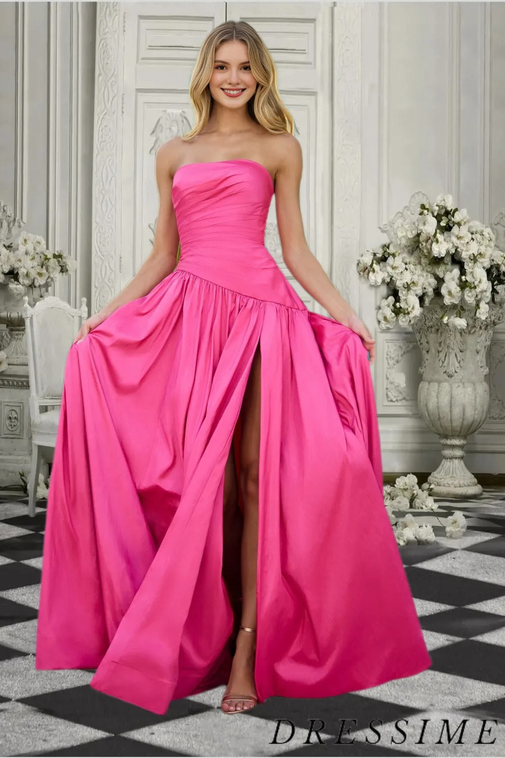 Dressime Simple A Line Strapless Satin Long Prom Dress with Slit dressime Dressime Simple A Line Strapless Satin Long Prom Dress with Slit dressime