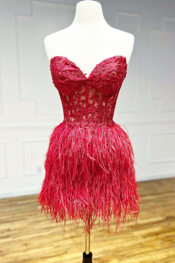 Dressime Simple Strapless Cute Lace Feather Sleeveless Homecoming Dres dressime Dressime Simple Strapless Cute Lace Feather Sleeveless Homecoming Dres dressime