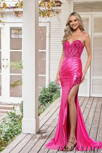 Dressime Sleek Mermaid Sweetheart Satin Slit Long Prom Dress With Sequins dressime