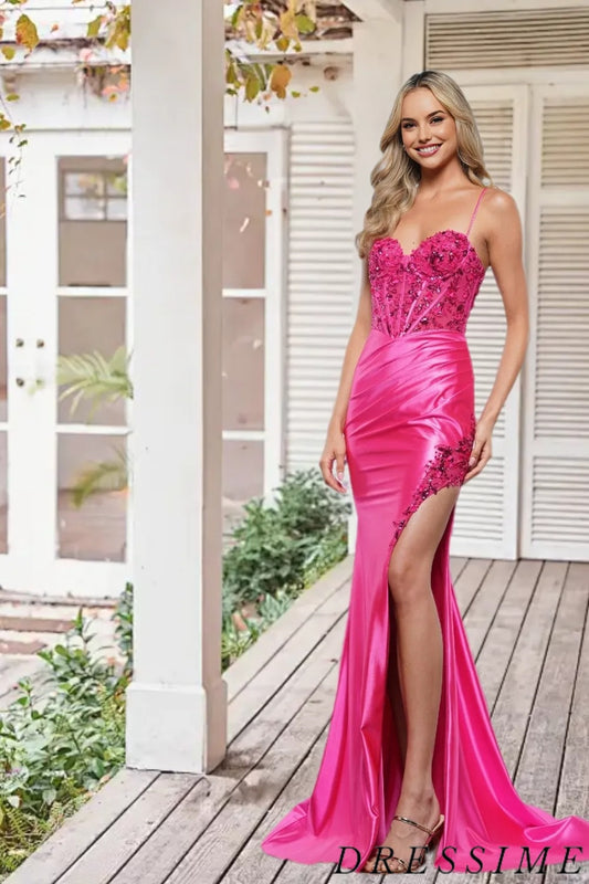 Dressime Sleek Mermaid Sweetheart Satin Slit Long Prom Dress With Sequins dressime