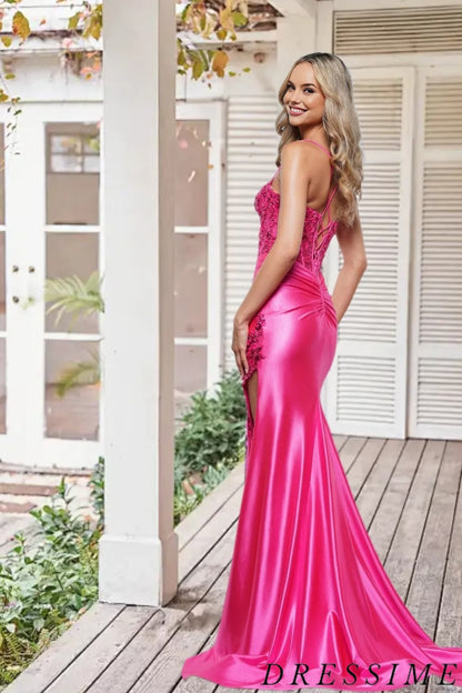 Dressime Sleek Mermaid Sweetheart Satin Slit Long Prom Dress With Sequins dressime