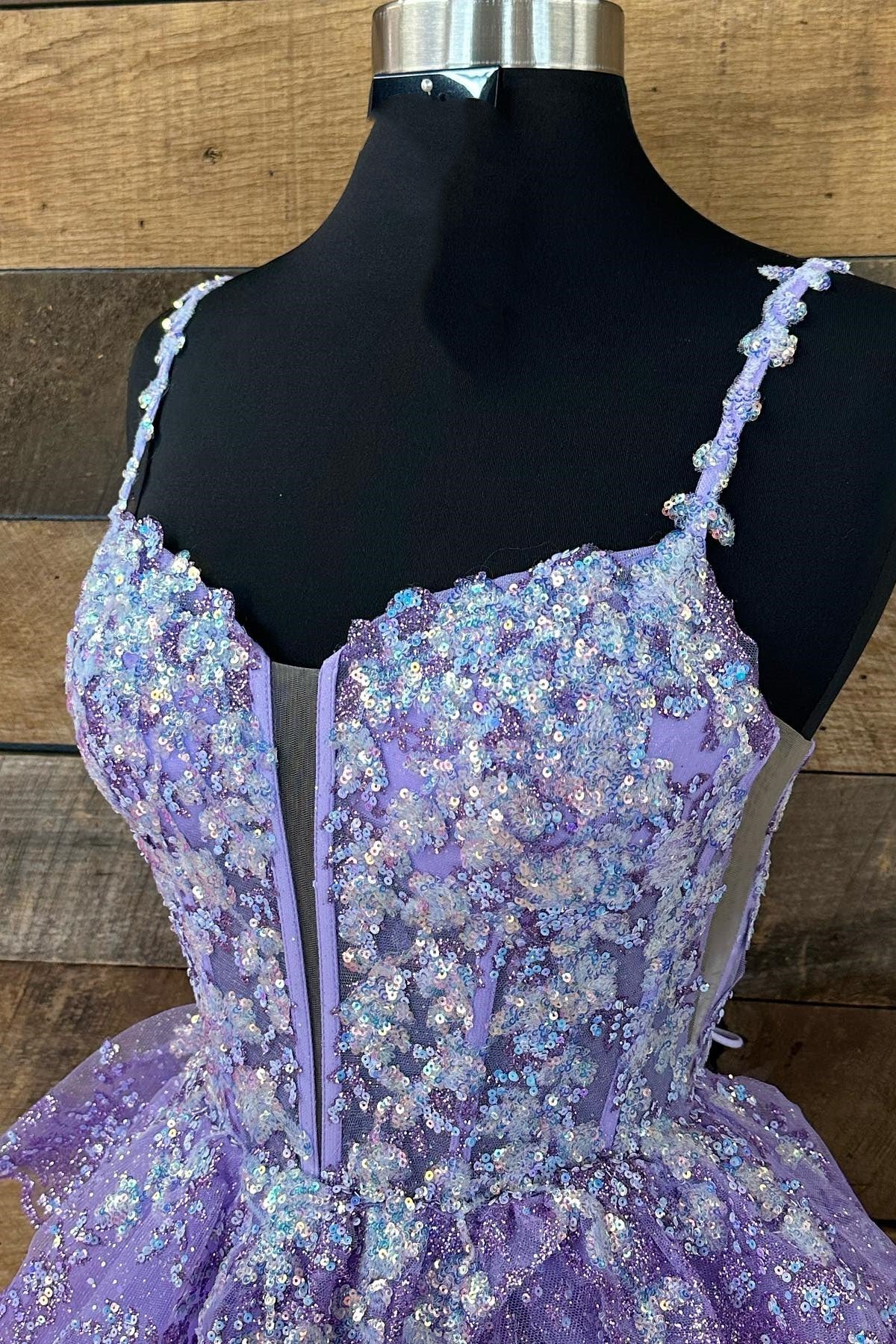 dressimeSpaghetti Straps Tulle Sequin Lace-Up Tiered Short Homecoming Dresses 
