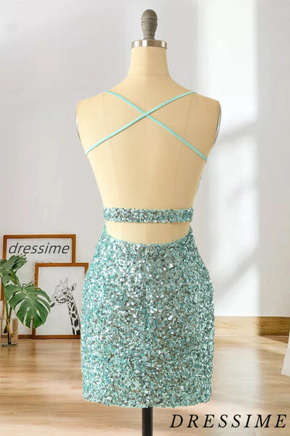 Dressime Sparkle Fitted And Sheath Spaghetti Straps Blue Homecoming Dress V Neck dressime