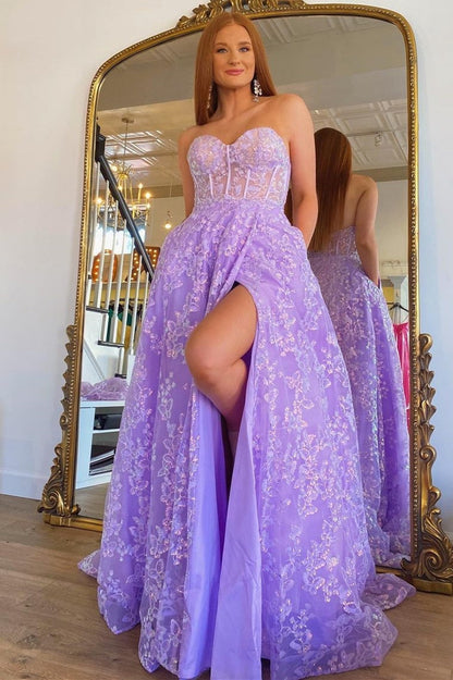 dressimeSparkle Princess Sweetheart Bustier Puff Sleeve Lace Long Prom Dresses 