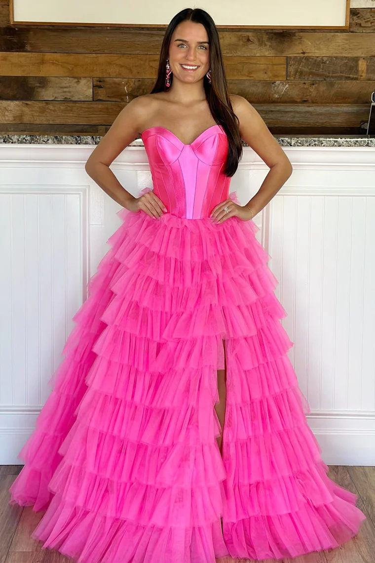 Dressime Strapless A-line Tiered Tulle Long Prom Dress dressime