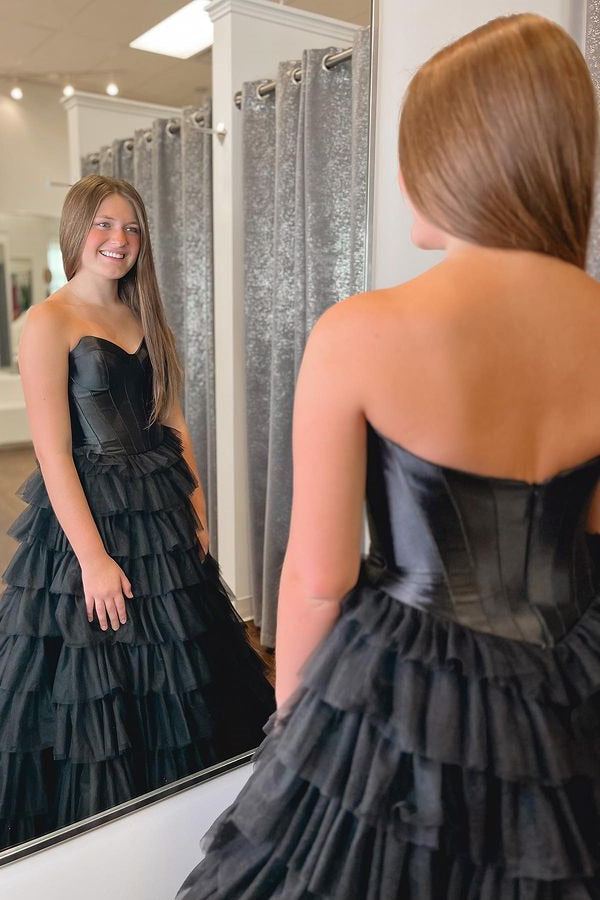 Dressime Strapless A-line Tiered Tulle Long Prom Dress dressime
