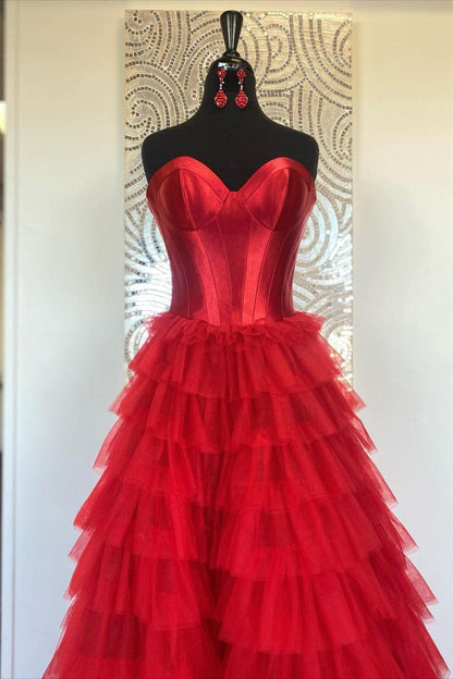 Dressime Strapless A-line Tiered Tulle Long Prom Dress dressime