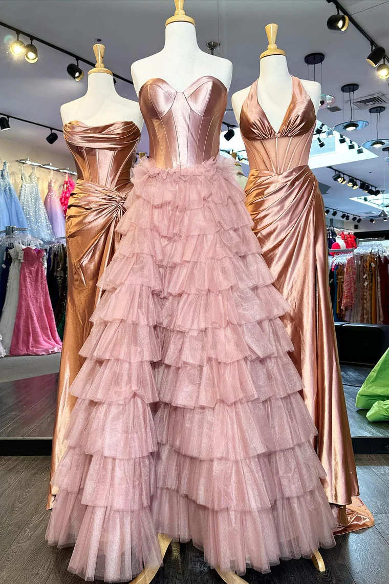 Dressime Strapless A-line Tiered Tulle Long Prom Dress dressime
