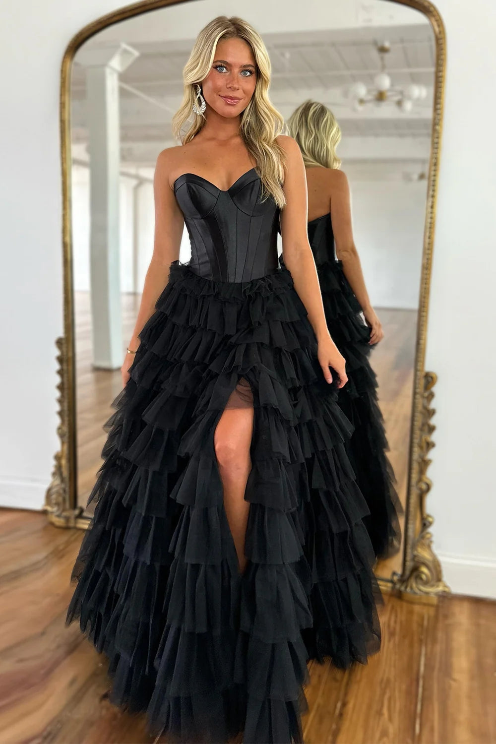 Dressime Strapless A-line Tiered Tulle Long Prom Dress dressime