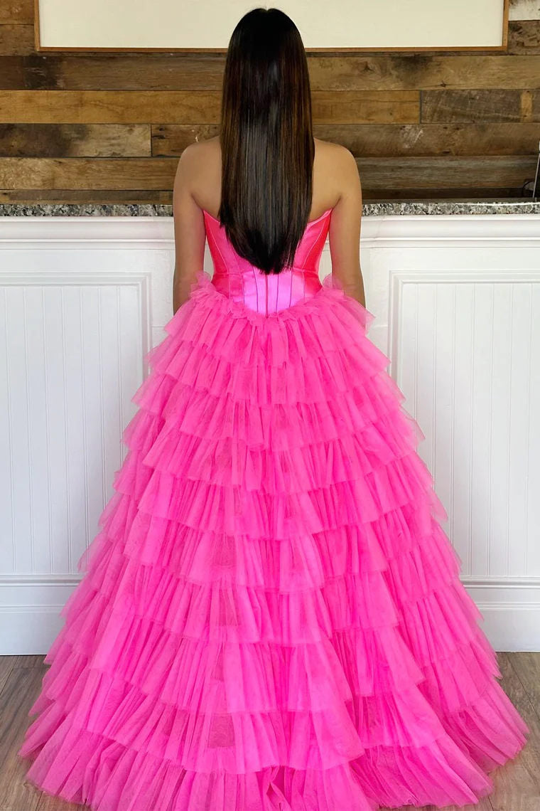 Dressime Strapless A-line Tiered Tulle Long Prom Dress dressime