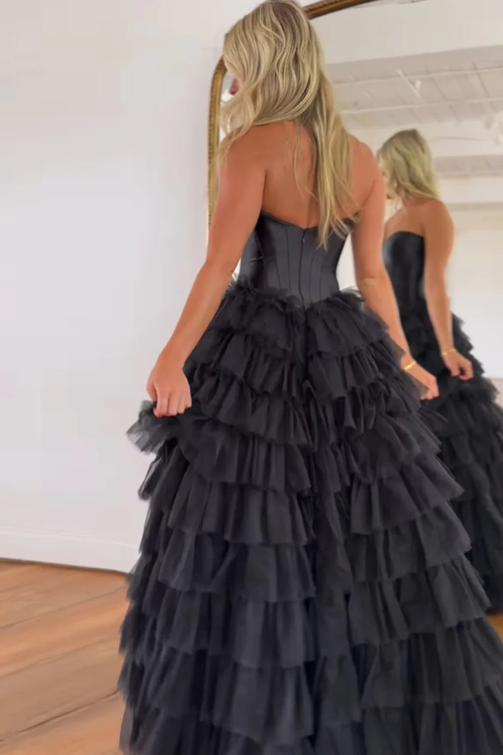Dressime Strapless A-line Tiered Tulle Long Prom Dress dressime
