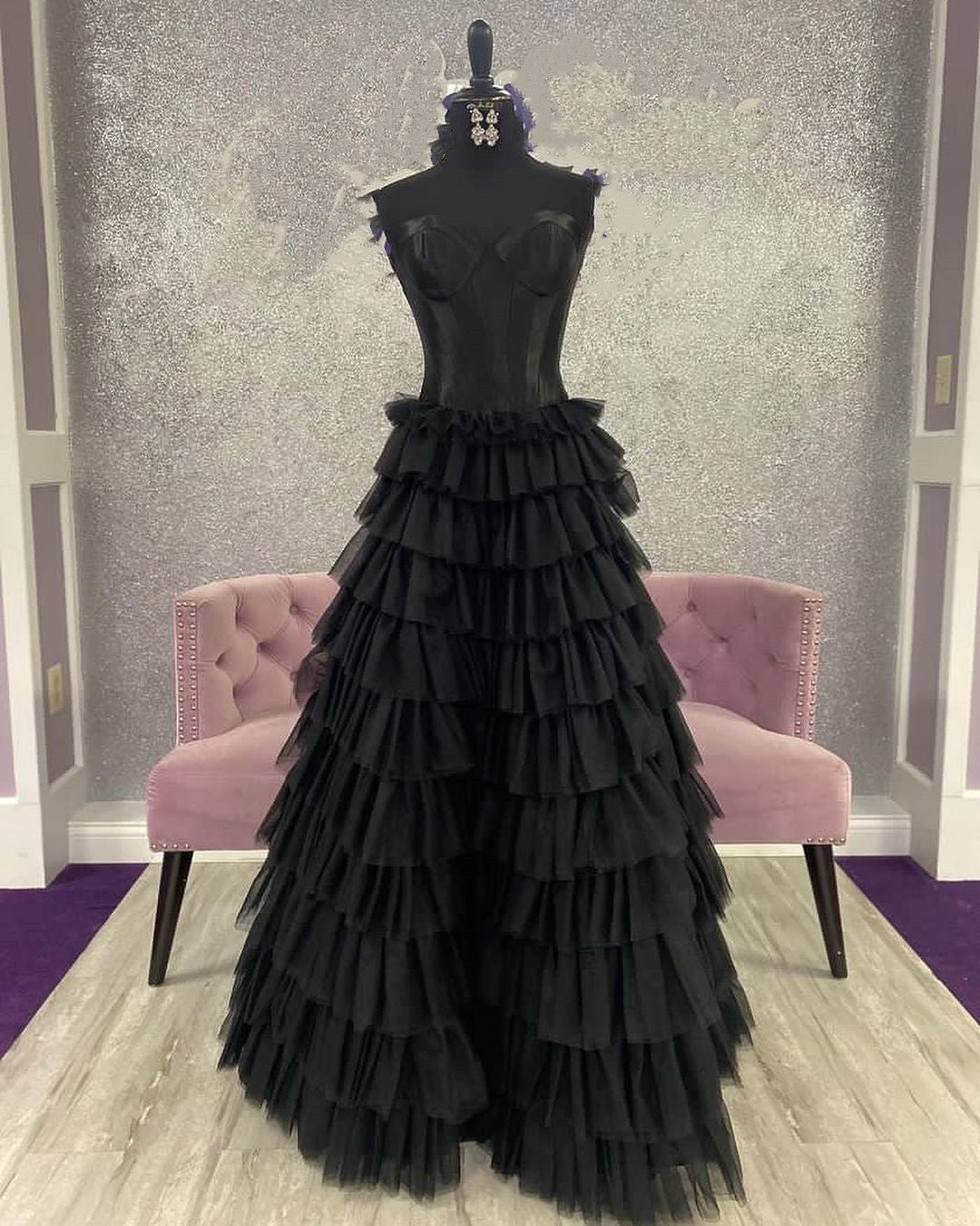 Dressime Strapless A-line Tiered Tulle Long Prom Dress dressime