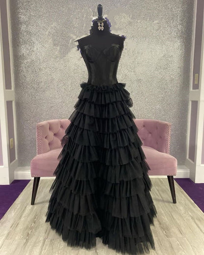 Dressime Strapless A-line Tiered Tulle Long Prom Dress dressime