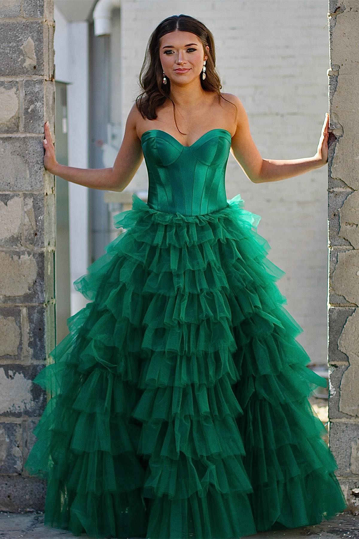 Dressime Strapless A-line Tiered Tulle Long Prom Dress dressime
