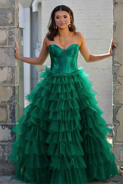 Dressime Strapless A-line Tiered Tulle Long Prom Dress dressime