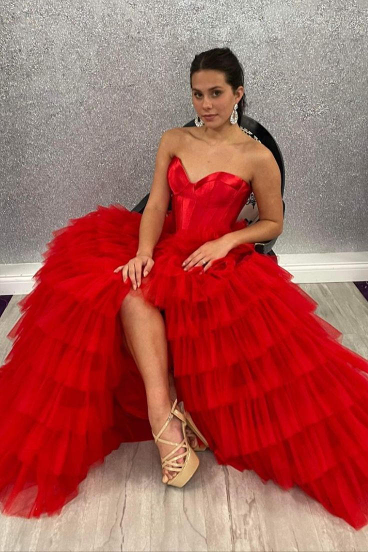 Dressime Strapless A-line Tiered Tulle Long Prom Dress dressime