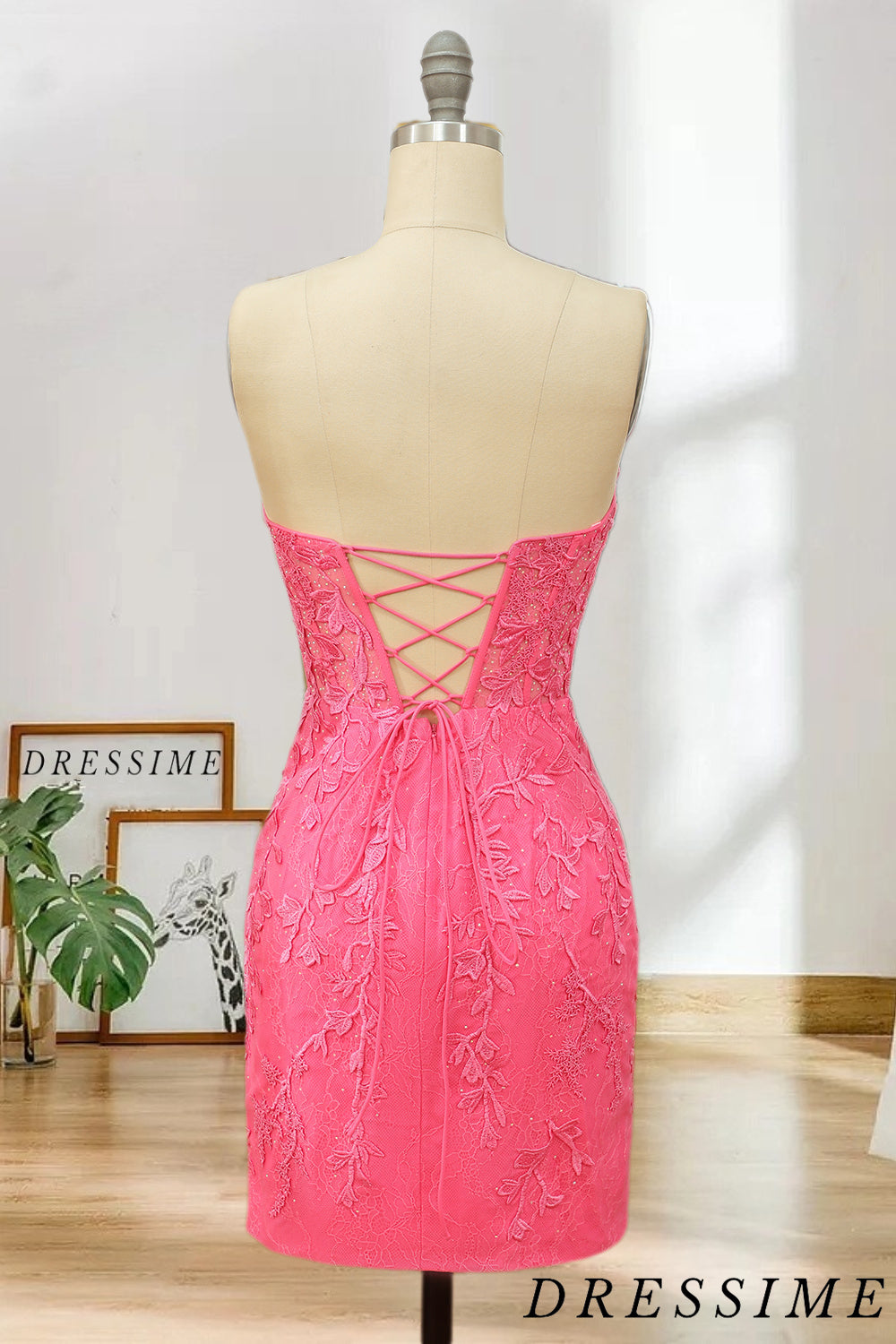 Dressime Strapless Sweetheart Short Pink Bodycon Cute Mini Lace Appliq dressime Dressime Strapless Sweetheart Short Pink Bodycon Cute Mini Lace Appliq dressime