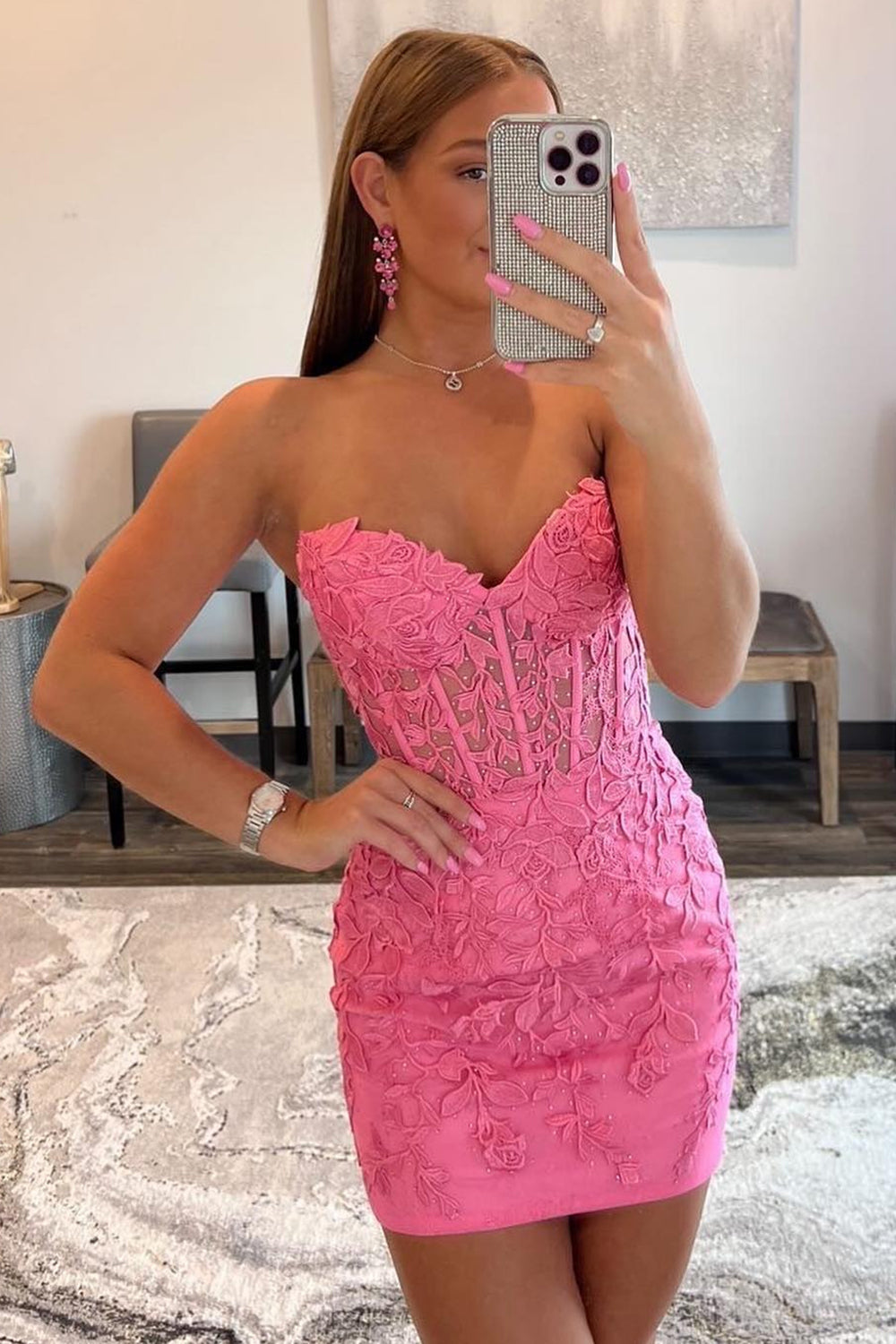 Dressime Strapless Sweetheart Short Pink Bodycon Cute Mini Lace Appliq dressime Dressime Strapless Sweetheart Short Pink Bodycon Cute Mini Lace Appliq dressime