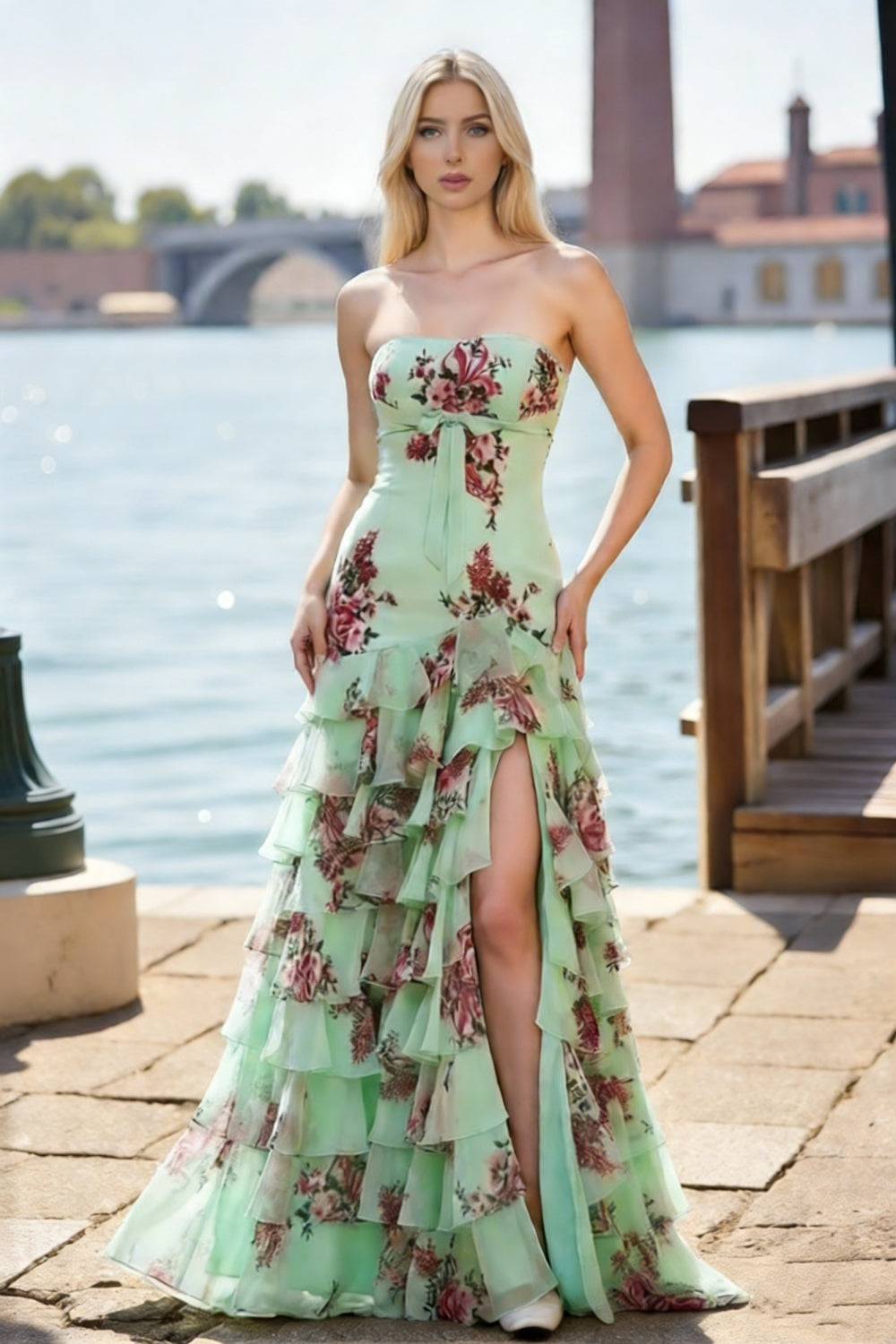 Dressime Stylish Mermaid Strapless Printed Chiffon Ruffle Long Prom Dress With Bow