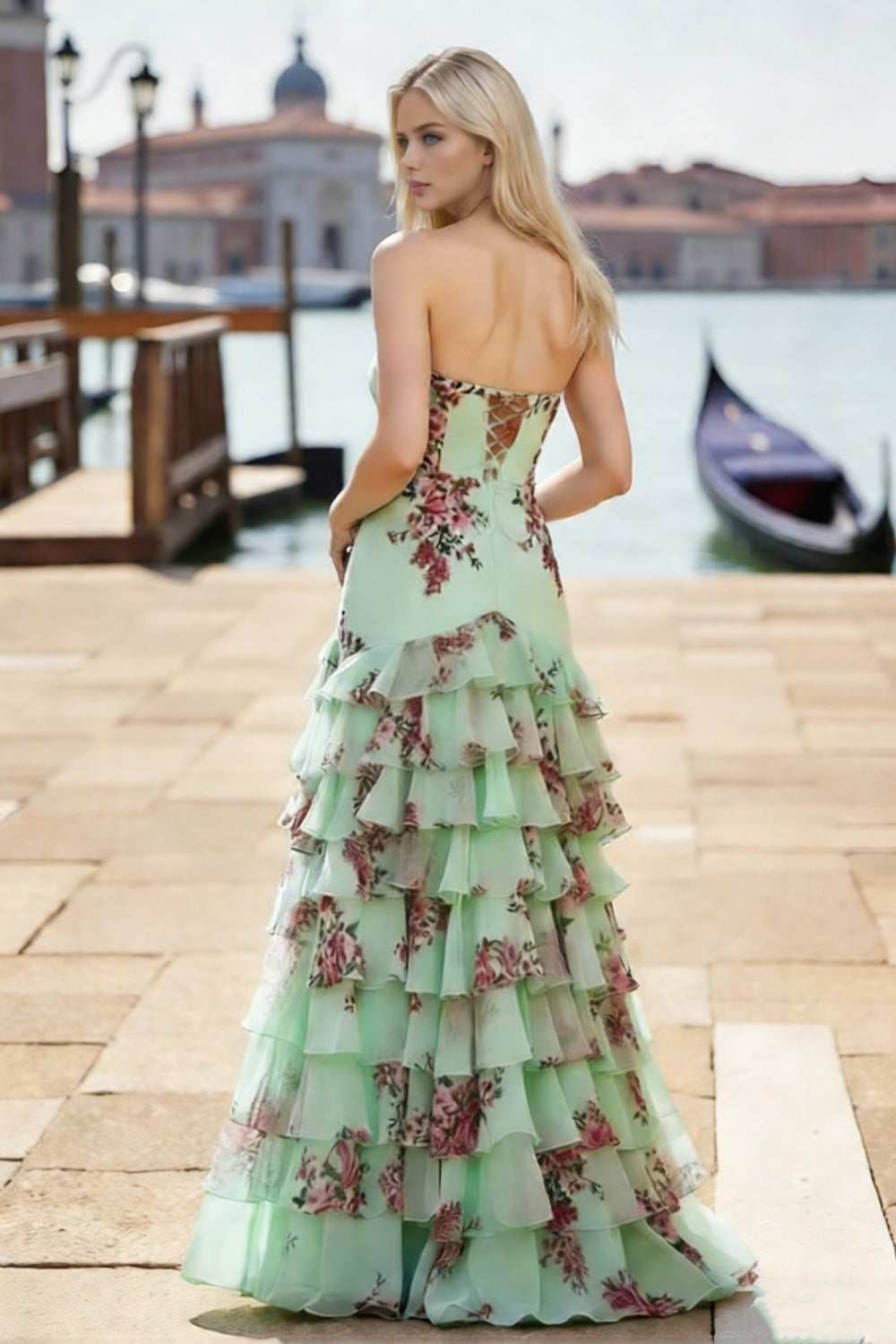 Dressime Stylish Mermaid Strapless Printed Chiffon Ruffle Long Prom Dress With Bow