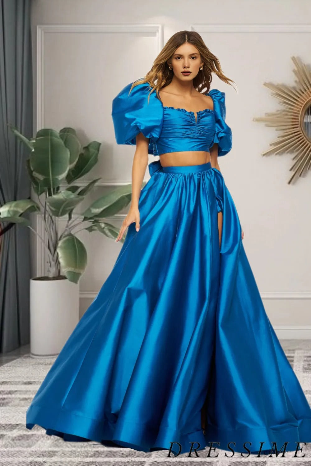 Dressime Two Pieces Puff Sleeve Tie-Back Long Prom Dress – dressime