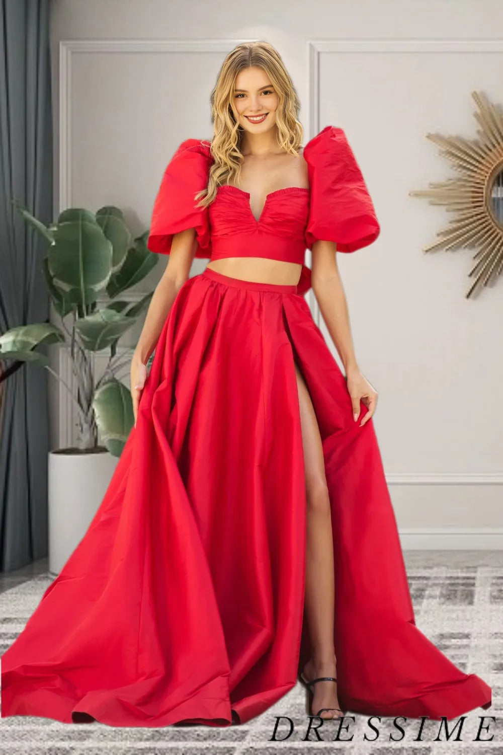 Dressime Two Pieces Puff Sleeve Tie-Back Long Prom Dress – dressime