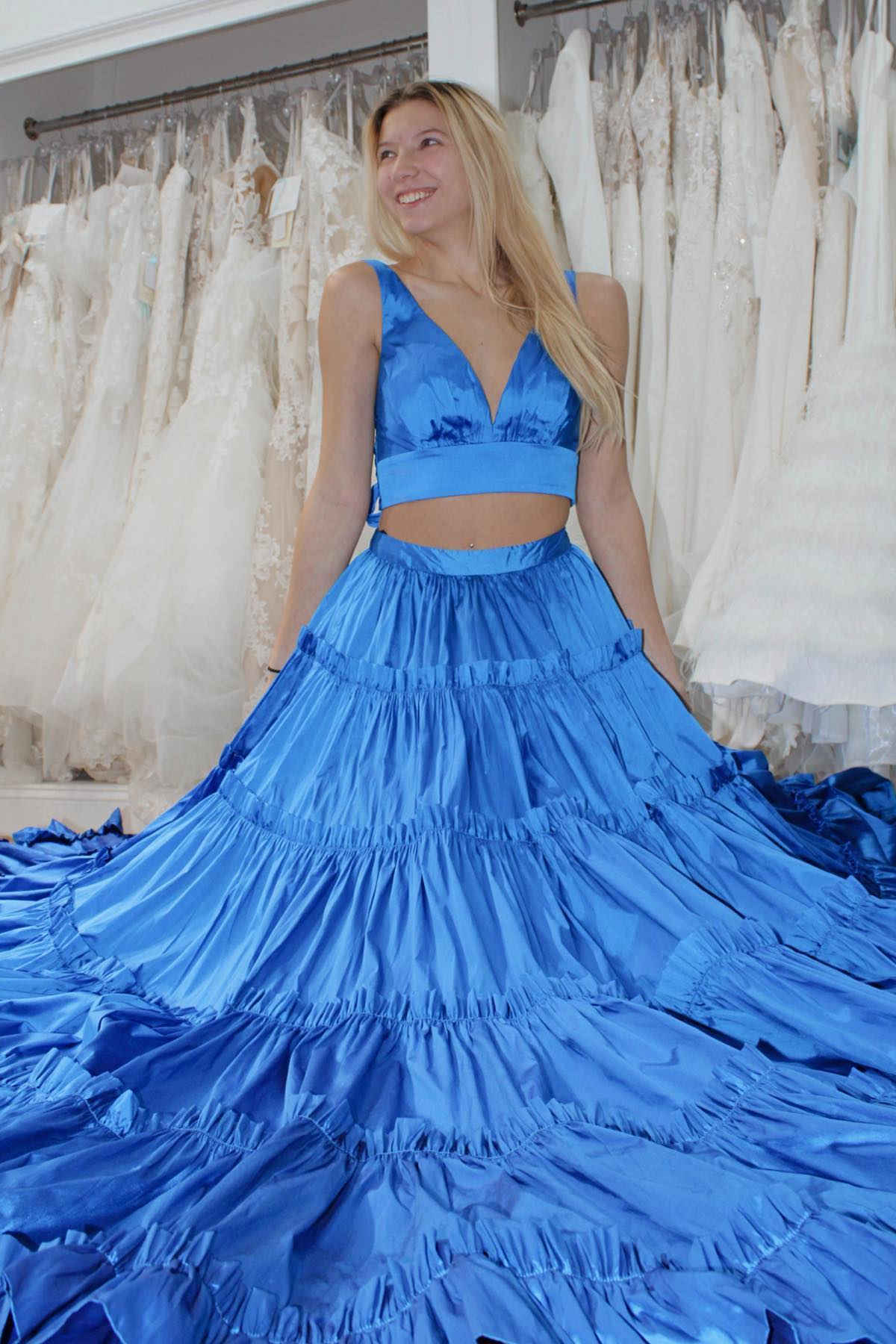 Dressime Two Pieces V Neck Ruffled Long Prom Dress dressime Dressime Two Pieces V Neck Ruffled Long Prom Dress dressime