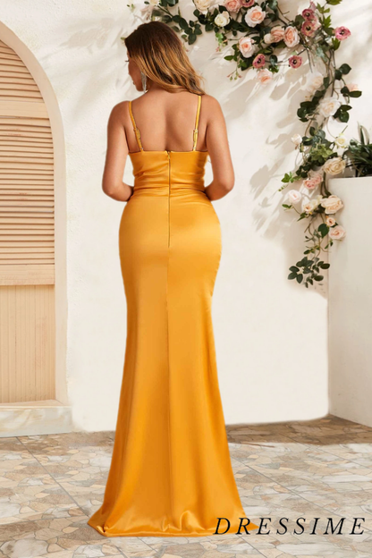 Dressime Unique Mermaid Spaghetti Straps Satin Floor Length Bridesmaid Dress With Slit dressime