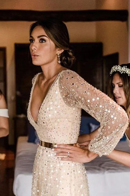 Dressime V Neck Beading Gold Long Sleeve Wedding Dress dressime Dressime V Neck Beading Gold Long Sleeve Wedding Dress dressime