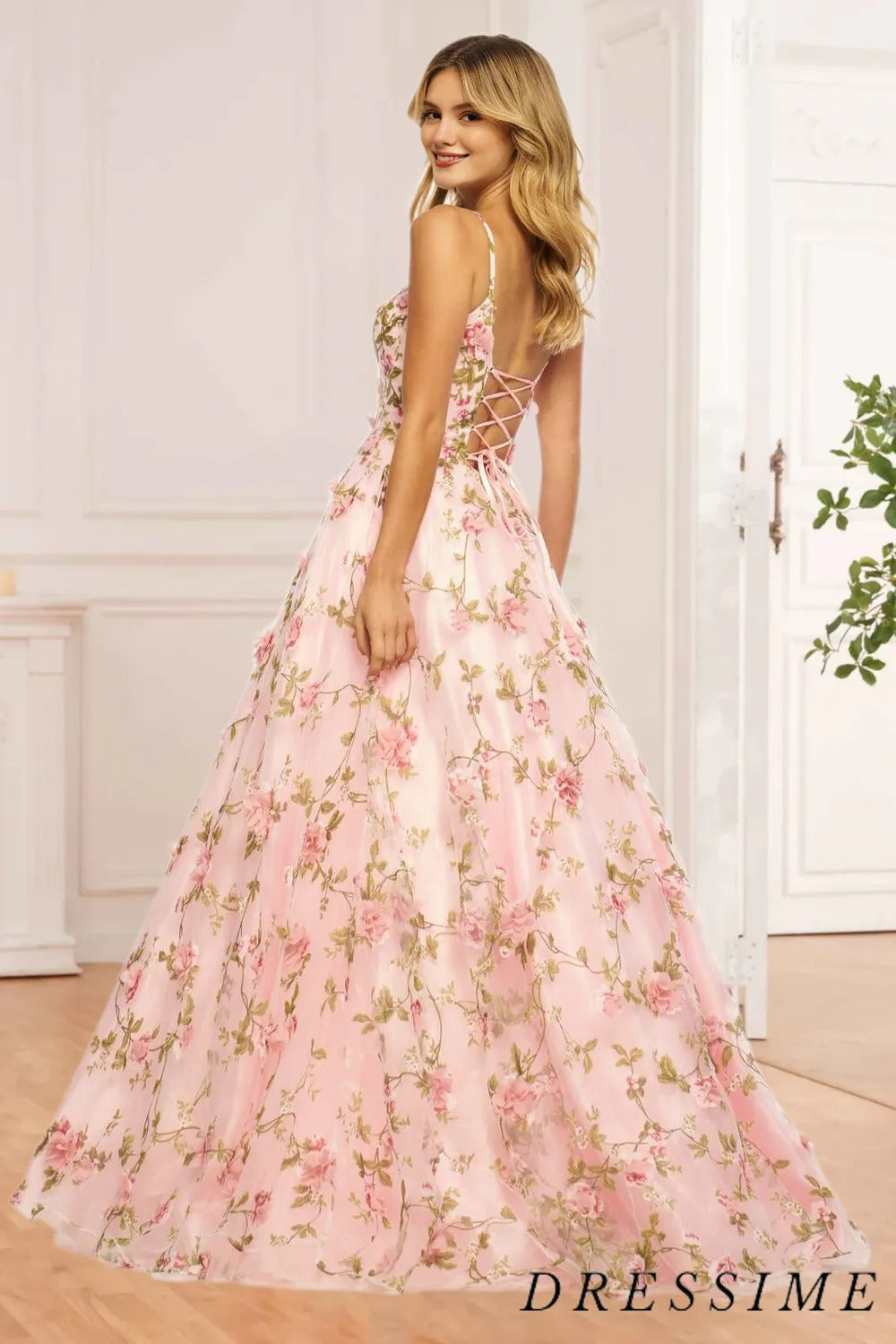 Dressime Vintage A Line Spaghetti Straps Floral Prom Dress dressime