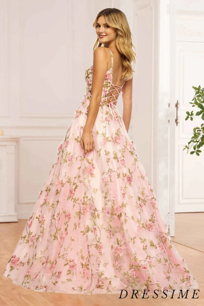Dressime Vintage A Line Spaghetti Straps Floral Prom Dress dressime