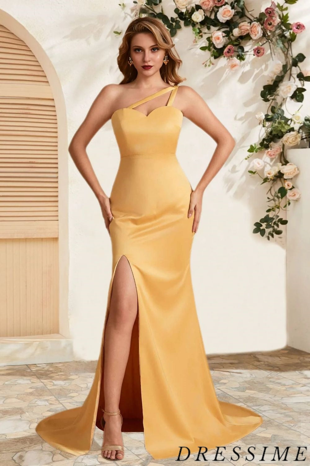 Dressime flowing Mermaid One Shoulder Long Bridesmaid Dress With Slit dressime